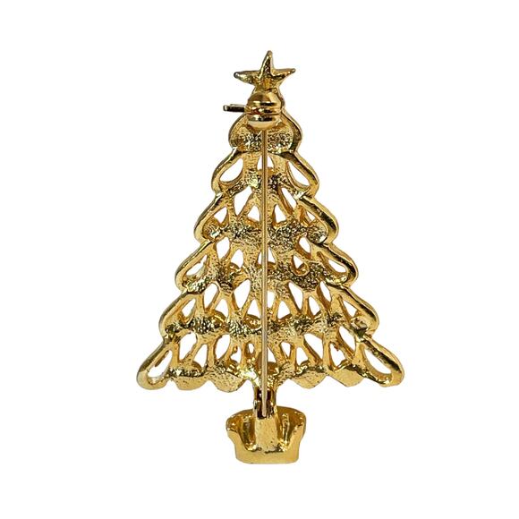 1980s Gold Plated Multi Colored Rhinestones Christmas Tree Holiday Pin Brooch - Picture 2 of 3